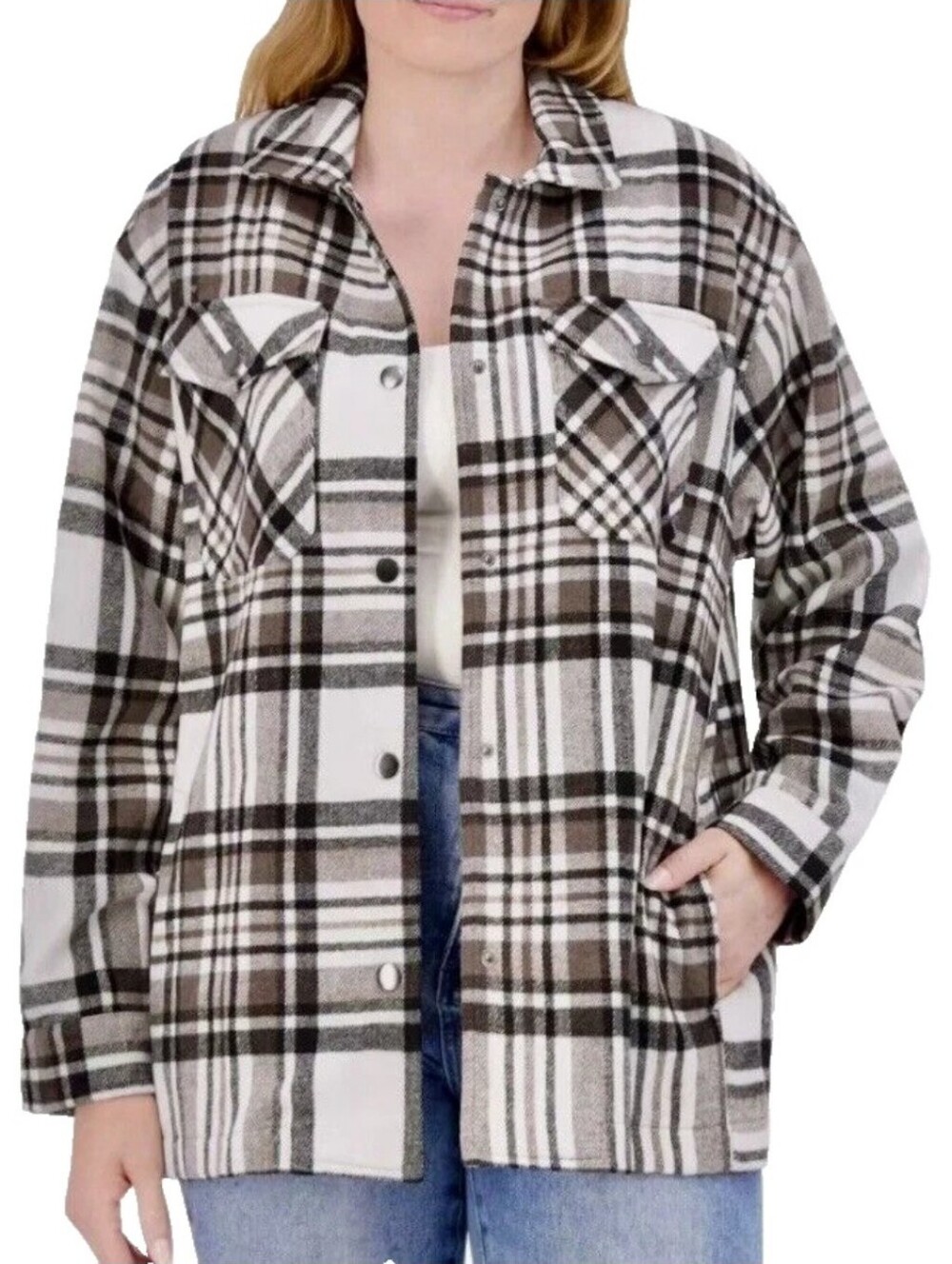 NWT XXL Plaid Button-Up Shacket Brown & White Shirt-Jacket Oversized